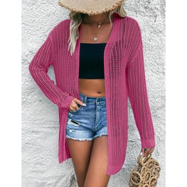 Womens 2025 Summer Lightweight Cardigan Long Sleeve Open Front Loose Beach Crochet Cover Up Red