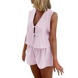 Women Casual Summer Lounge Set Y2k 2 Piece Outfits Set Sleeveless Tie Front Tank Top Vest Boxer Shorts Pj Set (Pink Stripe, M)