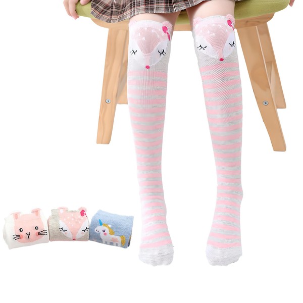 VIXA 3 Pair Set, Girls' High Socks, Cute, Animal Pattern,