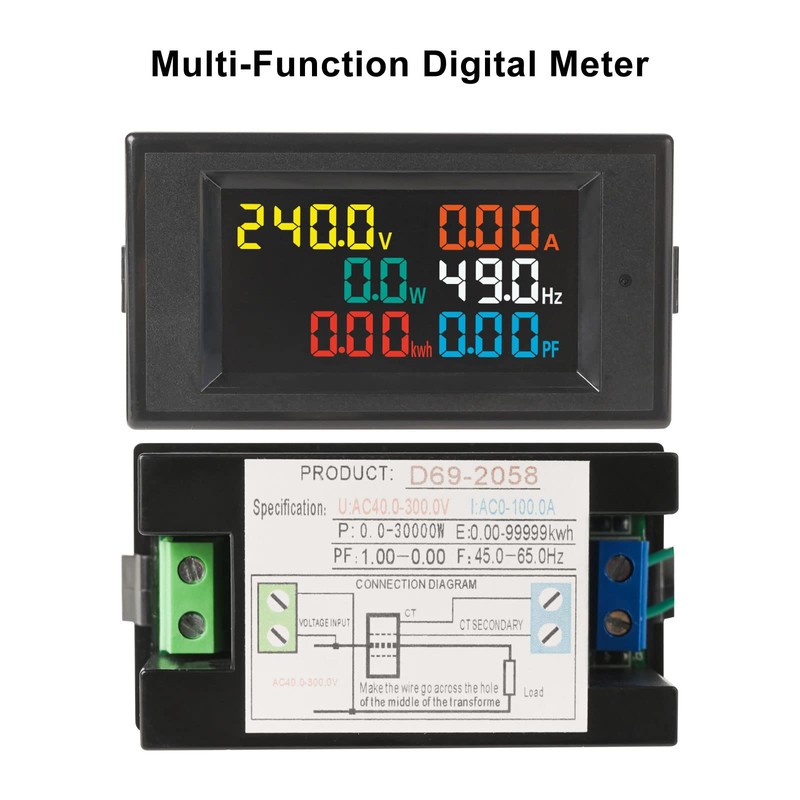 Taikemeti Electric Power Detector Multi-function Meter (AC 40-300V 100A) LCD