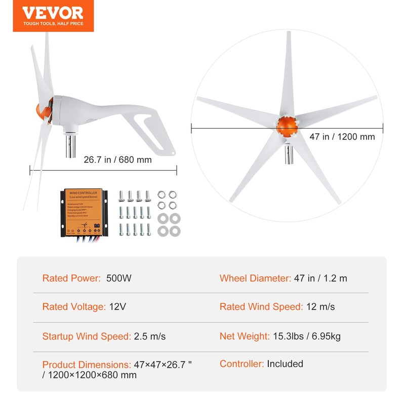 VEVOR 500W Wind Turbine Generator, 12V Wind Turbine Kit, 5-Blade