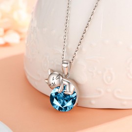 LONAGO Cat Necklace with Birthstone 925 Sterling Silver Cat Pendant Necklace Gifts for Women