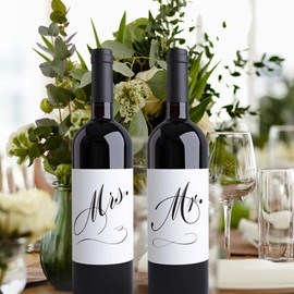 Wedding Wine Bottle Labels Mr. and Mrs. Bride and Groom Gifts for Bridal Shower or Wedding Reception | Mister & Misses | Mr. Mrs. Script Table Decor | Black & White Formal Elegant Script