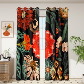 Tyrot Black Boho Floral 100% Blackout Curtains for Living Room 63 inch Long 2 Panels Mid Century Botanical Black Out Curtains for Bedroom Grommet Thermal Insulated Room Darkening Window Drapes,52Wx63L