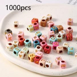 HERZONE Pack of 1000 Letter Beads for Threading Gold Acrylic Alphabet Beads Mix A-Z Beads for Jewellery Making DIY Necklace Bracelet Keychain (Colourful Gold/6 x 6 mm)
