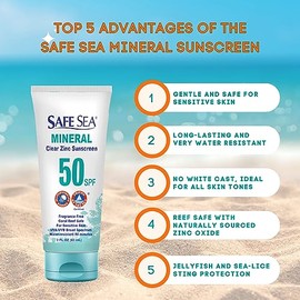 Safe Sea Zinc Oxide Sunscreen SPF50 | Clear Mineral Face Sunscreen Without White Cast | Anti-Jellyfish Sting Protective Lotion | Coral Reef Safe | Travel Size - 60ml (1 tube)