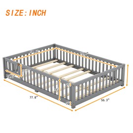 MERITLINE Full Size Floor Bed for Children, Solid Wood Montessori Bed Frame with Fence & Door Montessori Floor Bed with Slats & Safety Guardrails for Girls and Boys, Grey