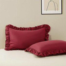 2 Pack King Size Pillow Cases, 20x36 Microfiber Pillow Covers Wine Red Ruffle Pillowcases, Soft Breathable and Non Shrinking Pillowcase Envelope Closure Cute Pillow Cases