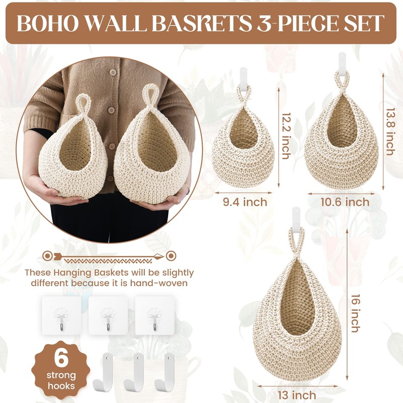 Hanging Fruit Baskets for Kitchen - 3 Pack Boho Wall