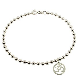 Christopher James of London CJoL - Sterling Silver Ladies 11" (28cm) 3mm Wide Bead/Ball Anklet With Om Ohm Aum Hindu Yoga Charm In Gift Box - 7.6g