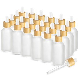 DMuuuDM 24 Pack 2 oz Frosted Glass Dropper Bottle,Empty Round Boston Travel Bottles With Eye Droppers,Natural Bamboo Dropper Cap for Essential Oils, Tinctures & Perfume,Facial Serums,Massage Oils