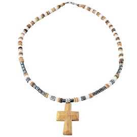BlueRica Wood Cross Pendant with Puka Shell Beads Necklace (Natural & Hematite)