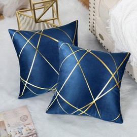 Cushion Cover 45 x 45 cm Navy Blue Gold Lines Decorative Pillow Covers Gold Lines Geometry Cushion Living Room Bedroom Bench Cushion Sofa Set of 2