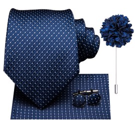 Hi-Tie Mens Tie Lapel Pin Set Pocket Square Cufflinks Woven Silk Ties for Men Wedding Formal,Blue White Dot