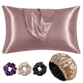 Atrube Satin Bonnet for Curly Hair Silk Pillow Covers and Scrunchies | Silk Bonnet for Hair|Best Gift Combo of Pack of 2 Satin Pillowcases 3 Silk crunchies Adjustable Cap (Rose Taupe), Rose Taupe