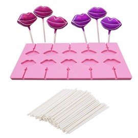 10 Cavities Red Lips Lollipop Mold with 50Pcs Sticks Sexy Lips Silicone Chocolate Hard Candy Gummy Fondant Mold
