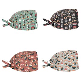 Babrukda 4 Pack Cap with Sweatband Adjustable Tie Back Hat Headgear Xmas Beanie, Sushi Stylish Pattern, One Size