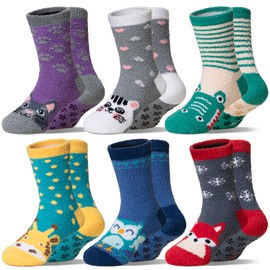 Eyean Kids Fuzzy Socks Non Slip Soft Fluffy Slipper Grips Socks Warm Plush Cozy Cabin Boy Girls Crew Socks 6 Pairs (Non Slip-Animal, 4-7 Years)