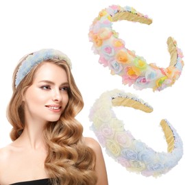 2 PACK Floral Headband, Fashion Headbands for Women, Floral Tulle Back to School Hairbands, Mesh Tie Dye Headdress Sweet Hair Accessories for Women