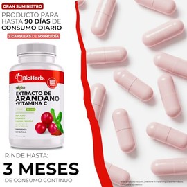 BioHerb | Arándano Rojo Orgánico + Vitamina C – Extracto 100% Puro y Concentrado – 180 Cápsulas de 500 mg (Suministro 90 Días) – Alta Concentración de