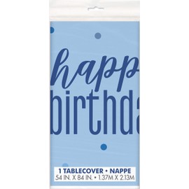 Unique 83593 Blue Dots Plastic Table Cover, 54" x 84" Disposable | 1 Pc, Printed Pattern, Happy Birthday