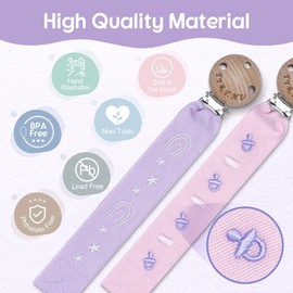 TYRY.HU Pacifier Clip for Baby Girls,Webbing Pacifier Holder,Neutral Binky Clips, Embroidery Ribbon Pacifier Leash Universally Fits All Pacifiers Styles, Baby Birthday Gift, 2 Pack(Pink, Purple)