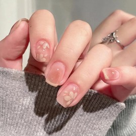 Stick on Finger Nails with Designs, 24Pcs Full Cover Reusable False Nails Kits, Press on Nails Short Square, Artificial Fingernails Acrylic Fake Nails for Women, Glue on Nails Coffin Shape（R403）