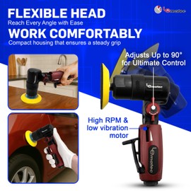 LE LEMATEC 3-Inch Flexible Head Air Sander Polisher – 5000 RPM, Lightweight, Industrial-Grade with Adjustable Swivel Exhaust for Automotive, Woodworking, and Metal Polishing, LE-G2082PR