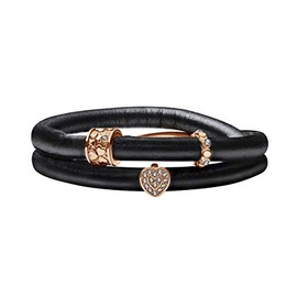 Quiges Leather Wrap Bracelet Black 40-44 cm with Charm Beads Rose Gold Stainless Steel Magnetic Clasp, Leather, Cubic Zirconia