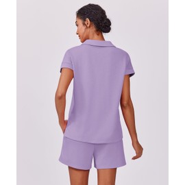 PINSPARK Womens Loungewear Set Short Sleeve Tracksuit V-Neck Pullover Tops with Side Slit Short Pants with Drawstring Sweatsuit 2025 Summer Two Piece Set Casual Airport Outfits, Purple L