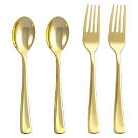 N9R 200PCS Gold Plastic Silverware, Heavy Duty Disposable Cutlery Set for Parties, gold forks and spoons disposable Includes 100 Gold Spoons and 100 Forks for Weddings, Birthday, Dinners