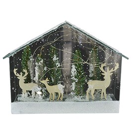 Red Carpet Studios Christmas & Holiday Décor-LED Lighted Glass House with Fir Trees and Deer, 9.5" Tall, Large