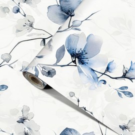HOMETITUTE Blue Floral Wallpaper White Backdrop Peel and Stick Contact Paper Self Adhesive Removable Counter Peel and Stick Wall Paper for Countertop Cabinet Home Wall Decor 15.7"x39.4"