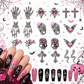 Pink Halloween Nail Art Charms, 3D Gothic Nail Rhinestone with Skull, Spider, Cross and Snake Designs for Nail Decoration