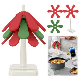 Mittimiya Silicagel Christmas Tree Trivets for Hot Dishes, Set of 3 Foldable Anti Slip Tree Coasters & 1 Stand, Heat Resistant Table Mat Kitchen Accessories for Hot Dishes, Pot/Bowl, Teapot, Hot Pot