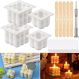4 Pieces 3D Silicone Soy Candle Mold Bubble Candle Mold Handmade Cube Mold Kit with 50 Candle Wicks Supporting Sticks Candle Hand Twist Drill for Candle Chocolate Candy Cupcake Soap(2 Sizes)