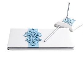 White Satin Wedding Guest Book and Pen Set with a Teal Scroll Design
