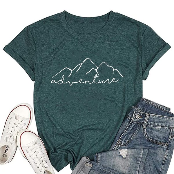 Mountain Hiking Shirts Women Summer Adventure Graphic Letter Muscle Workout Tee Top Short Sleeve Casual T Shirt, Green L