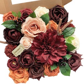 FACINOC Roses Artificial Flowers Burgundy Bouquet Fake Flower with Stems for DIY Bridal Wedding Shower Decorations Party Table Centerpieces Faux Silk Floral Arrangement for Home Decor Indoor Orange