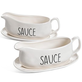LE TAUCI Gravy Boat with Saucer Stand 16oz, Ceramic Sauce Boat with Tray for Salad Dressings, Creamer, Broth, Black Pepper- Set of 2, Oyster White