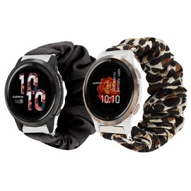 Compatible for Garmin Venu 2S Band, Giaogor Fabric Elastic Scrunchie Elastic Women Cute Replacement Straps Compatible for Garmin Venu 2S (2 pack-Black+Leopard)