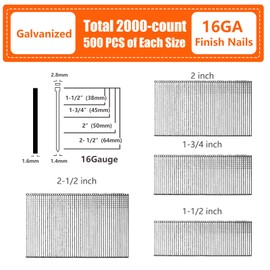 SITLDY 16 Gauge Galvanized Straight Finish Nails Brown T-head 4 Sizes 2000-Pack (1-1/2", 1-3/4", 2", 2-1/2", 500 Per Size) Assorted Size Project Pack, for 16GA Straight Finish Nailer
