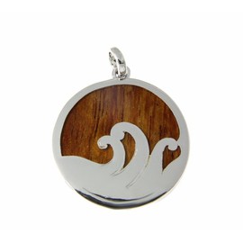 Arthur's Jewelry Koa Wood Hawaiian Scroll Ocean Surf Wave Circle Rhodium Plated Brass Reversible Pendant