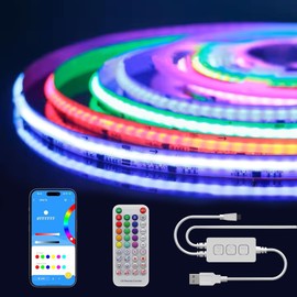 Fosingut RGB+IC USB COB LED Strip 2 m, 5 V RGB Smart IC Colour Changing LED Strip Pixel Addressable, Music Sync Dimmable LED Strip Light Strip with Remote Control for TV, Party, Room, DIY Decoration