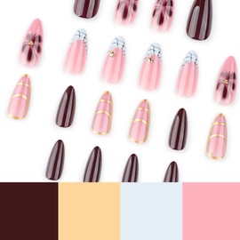 24Pcs Brown Almond Press on Nails Medium Length Fake Nails Glue-Free False Nails Kit Spring Summer Flower Nails French Tip Acrylic Nails Press ons Glossy Full Cover Artificial Nails for Women