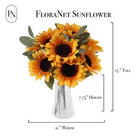 10 PCS 13" Artificial Faux Sunflower Stem plus 3 PCS 14" Eucalyptus Stem in 8" Glass Vase for Office Shop Home Decor Wedding Party Living Room Table Centerpieces Spring Fall Everyday DIY Decoration