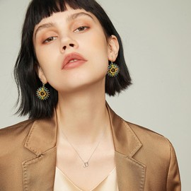 JIMARIN Bohemian Vintage Bronze Geometry Round Enamel Flower Dangle Hoop Lever Back Earrings Ethnic Handmade Wooden Beaded Circle Disc Teardrop Dangle Drop Earrings For Women (Vintage Bronze Round)