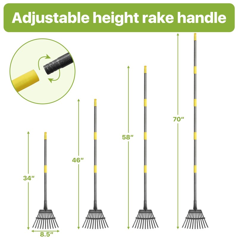 Rake for Leaves, Small Leaf Rake for Garden, 70-inch Adjustable