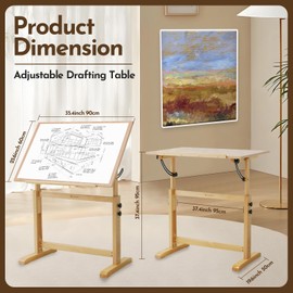 conda Wood Adjustable Drafting Table 35.5" x 23.5" - Beech Wood Art Desk with Adjustable Height & Tilting, Pencil Ledge, and Ruler for Writing, Reading, Design, and Crafting