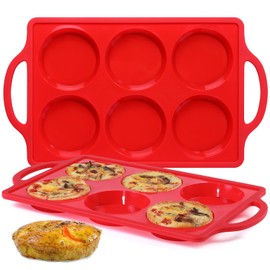 Silicone Egg Molds, 3 Inch Muffin Top Pans Non Stick with Metal Framed, Egg Baking Pan for Breakfast Sandwiches, English Muffins, Whoopie Pies, Corn Bread, Egg bites, Hamburger Bun, Tarts 2 Pack Red